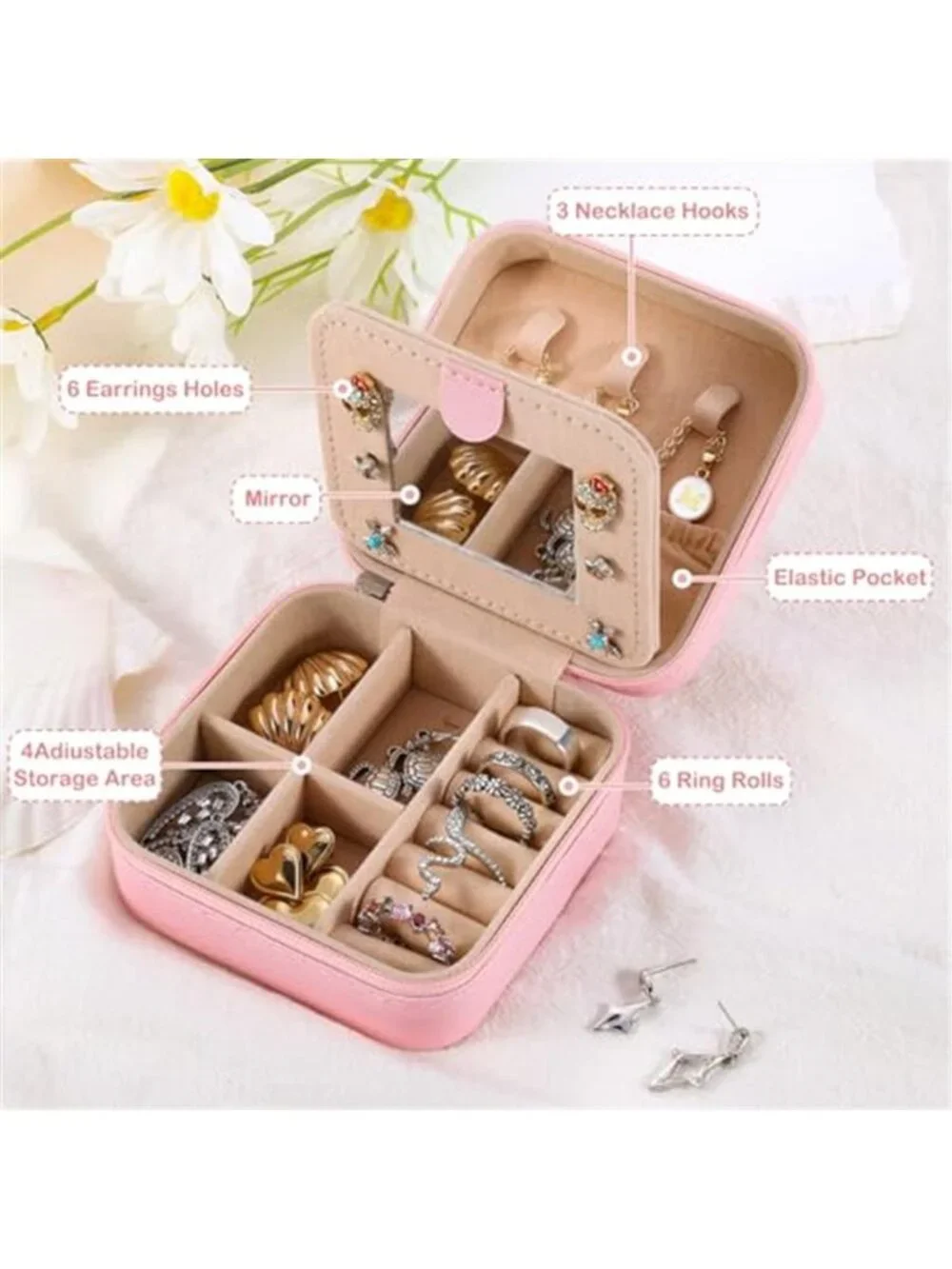 Initial Travel Jewelry Box Organizer Mirror Case PU Leather Storage Pink